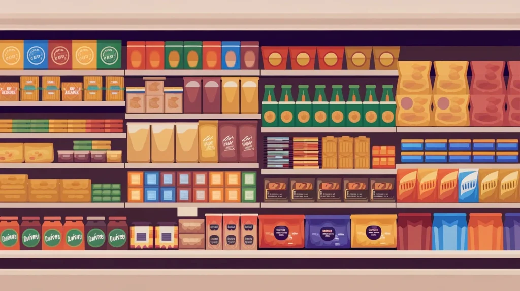 Ilustração de prateleira de supermercado com produtos de consumo.