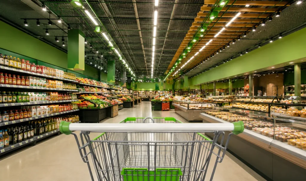 Interior de supermercado moderno com corredores amplos e iluminação em destaque, representando o setor varejista